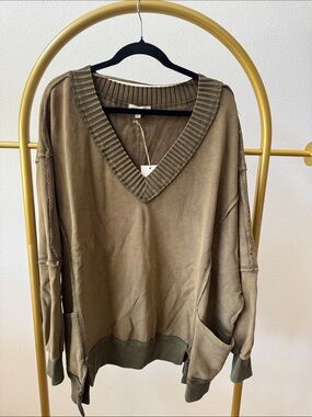 Washed Olive V-Neck Oversized Pullover Sweatshirt